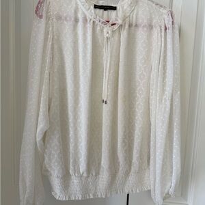 White House Black Market Ivory Sheer Swiss Dot Tie-Neck Blouse